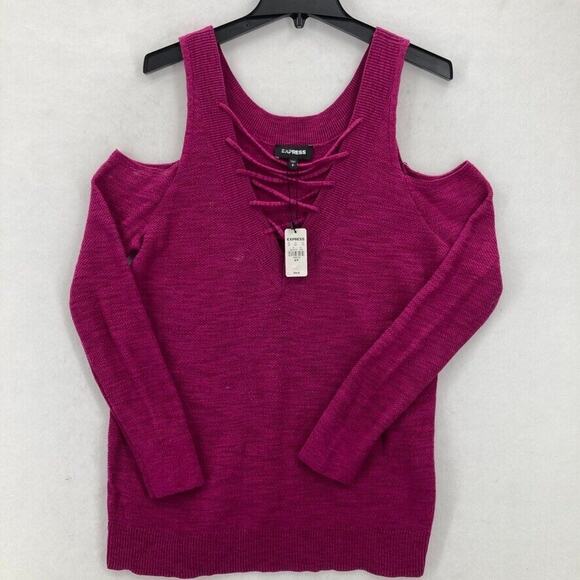 Express Cold Shoulder Sweater Women's Small Pink Knit Long Sleeve Emo Gothic NWT - Picture 1 of 16